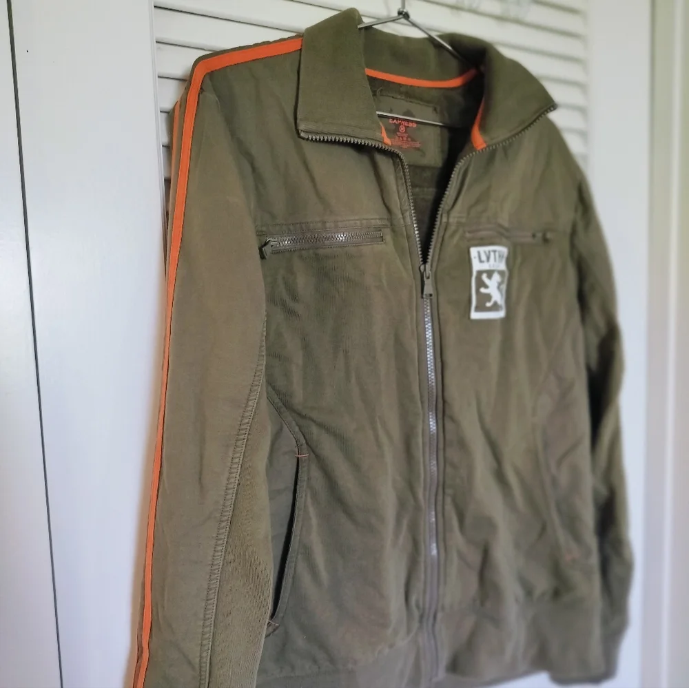 Express LVTHN Lion Logo Olive Green Jacket with Orange Accents 100% Cotton Med